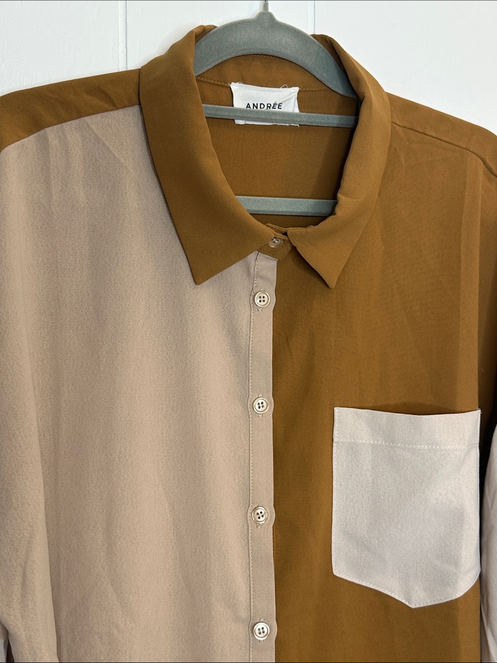 Andree Colorblock Button-Down Shirt in Brown and Beige - Picture 2 of 10